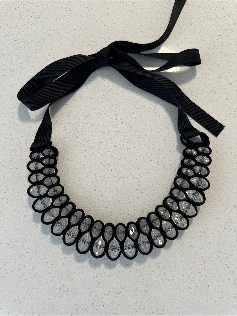 Crystal Teardrop Ribbon Necklace - Black Velvet hugging Crystals,Statement piece